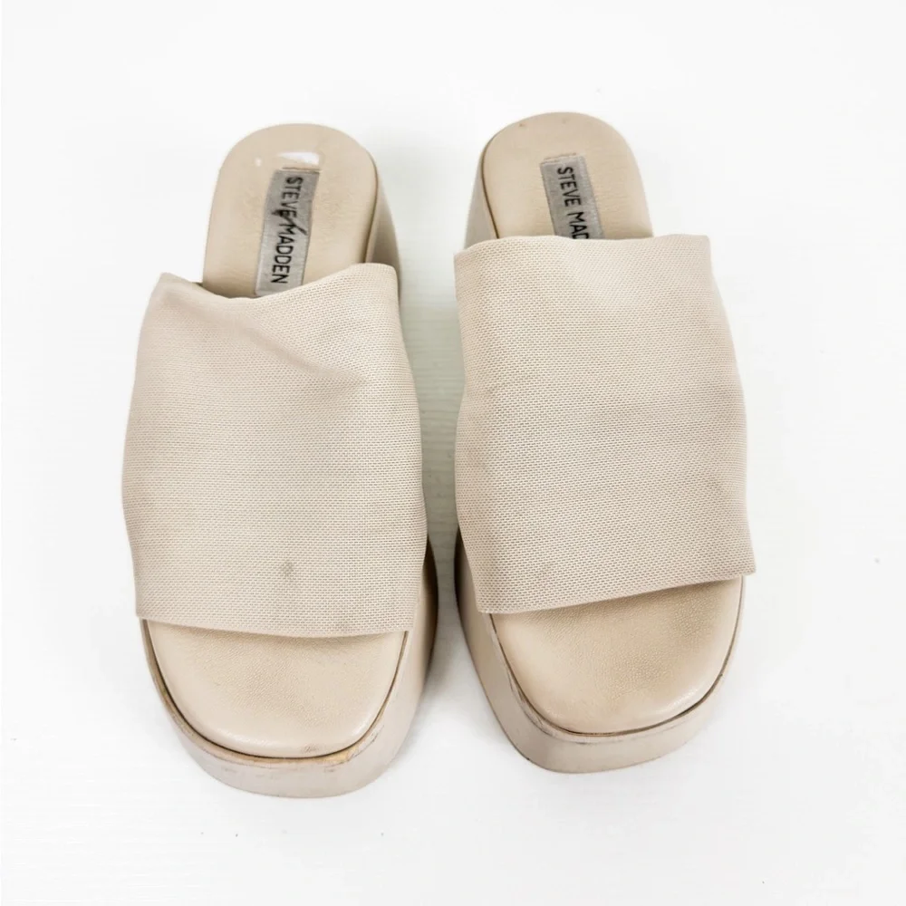 Steve Madden Slinky 30 Womens Slip On Open-Toe Platform Sandals Beige Cream Tan - Picture 2 of 7
